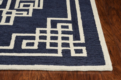 2'X4' Navy Blue Ivory Hand Tufted Greek Key Medallion Indoor Accent Rug