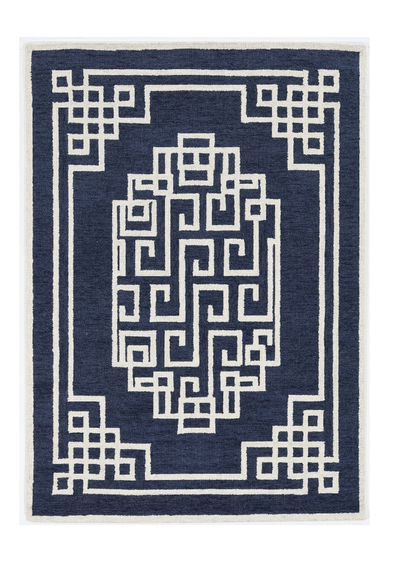 2'X4' Navy Blue Ivory Hand Tufted Greek Key Medallion Indoor Accent Rug