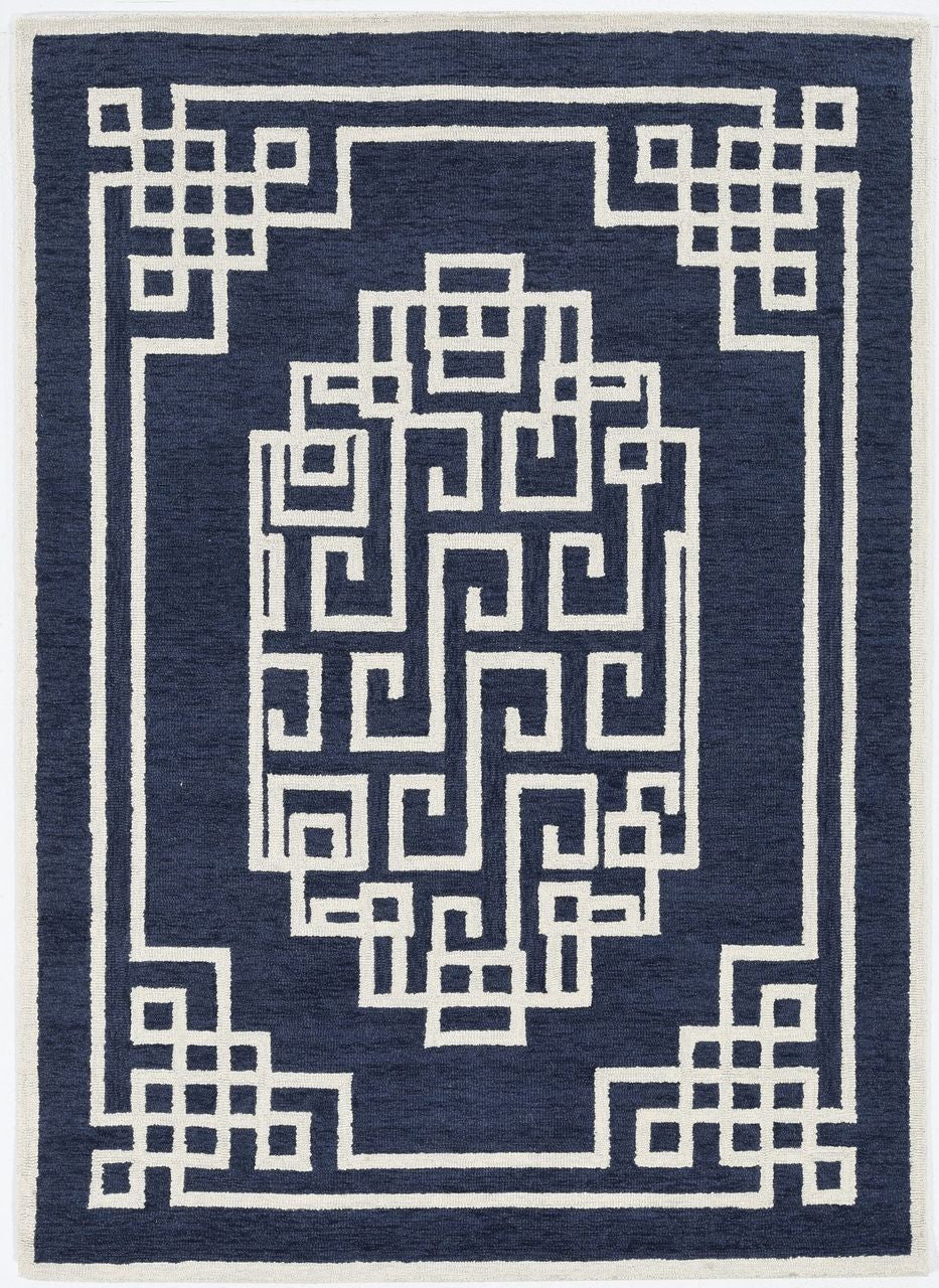 2'X4' Navy Blue Ivory Hand Tufted Greek Key Medallion Indoor Accent Rug