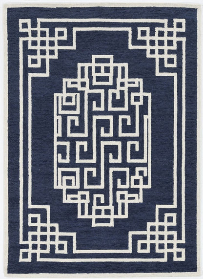 2'X4' Navy Blue Ivory Hand Tufted Greek Key Medallion Indoor Accent Rug