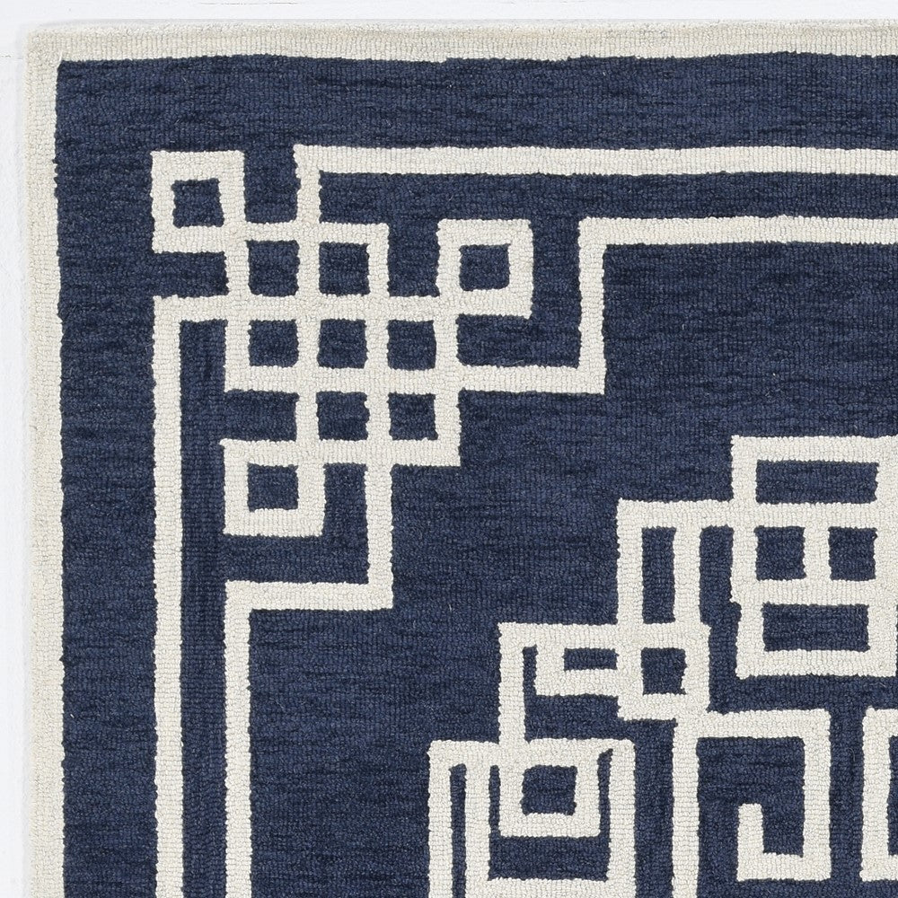 2'X4' Navy Blue Ivory Hand Tufted Greek Key Medallion Indoor Accent Rug