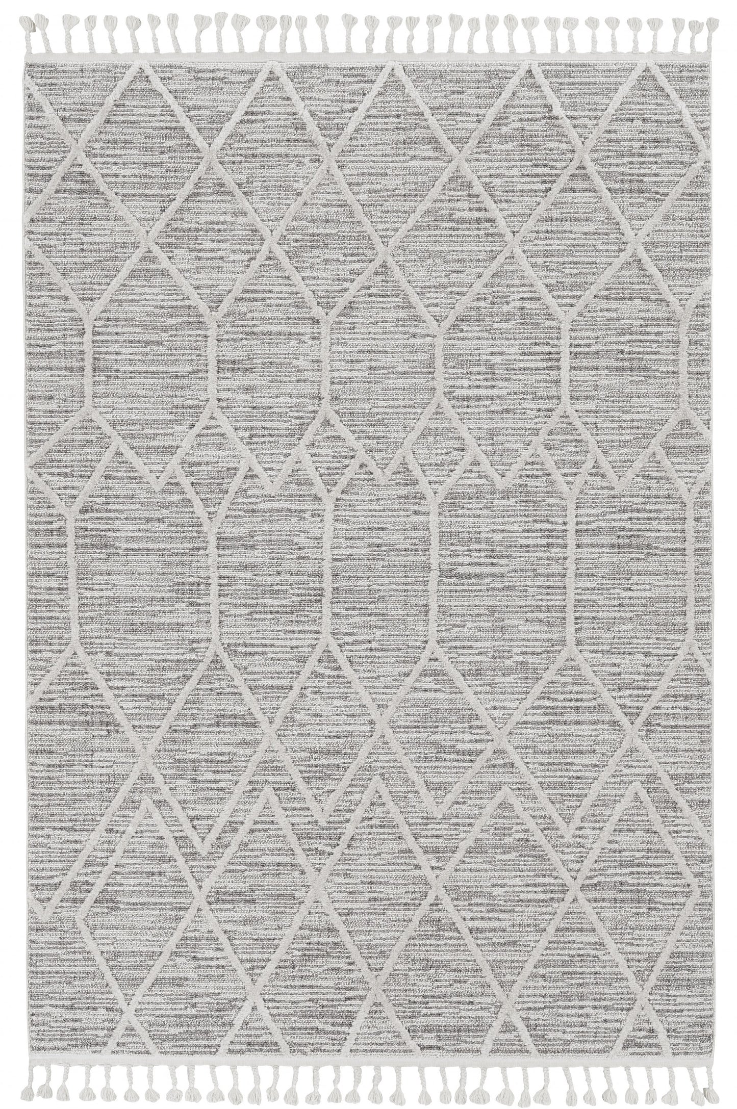 5'X8' Ivory Grey Machine Woven Abstract With Fringe Indoor Area Rug