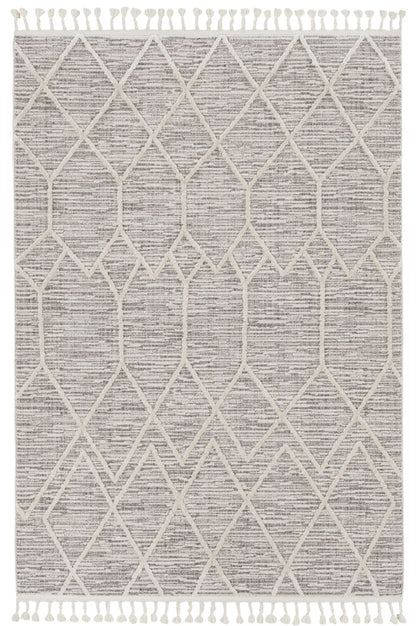 5'X8' Ivory Grey Machine Woven Abstract With Fringe Indoor Area Rug