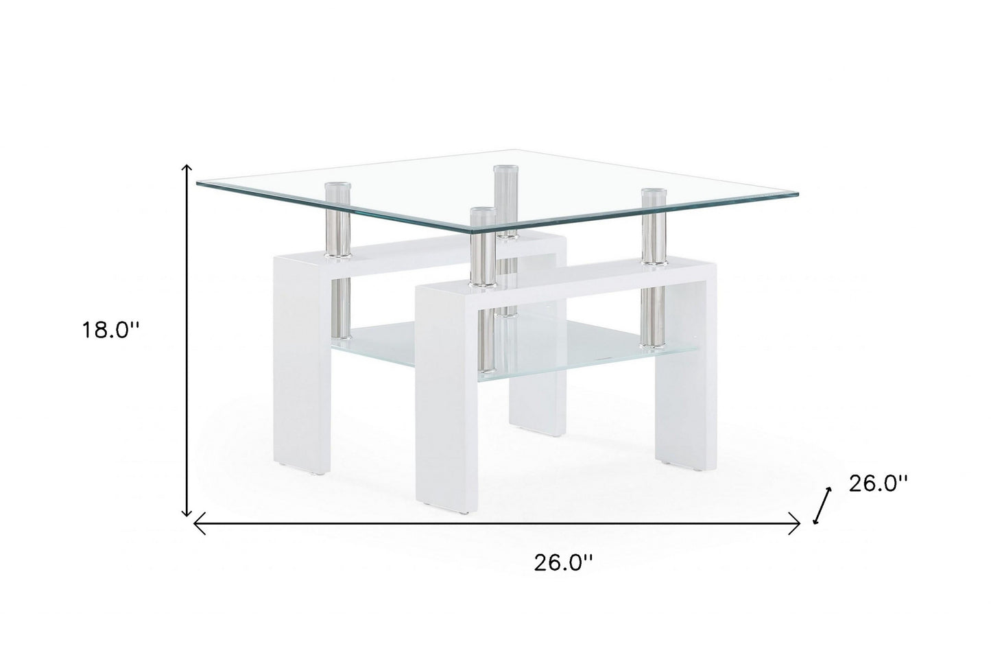 White Glossy Leg End Table With Rectangular Clear Glass Top