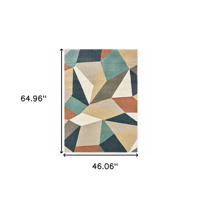 5' X 7' Blue Green Beige Retro Wedge Indoor Indoor Area Rug