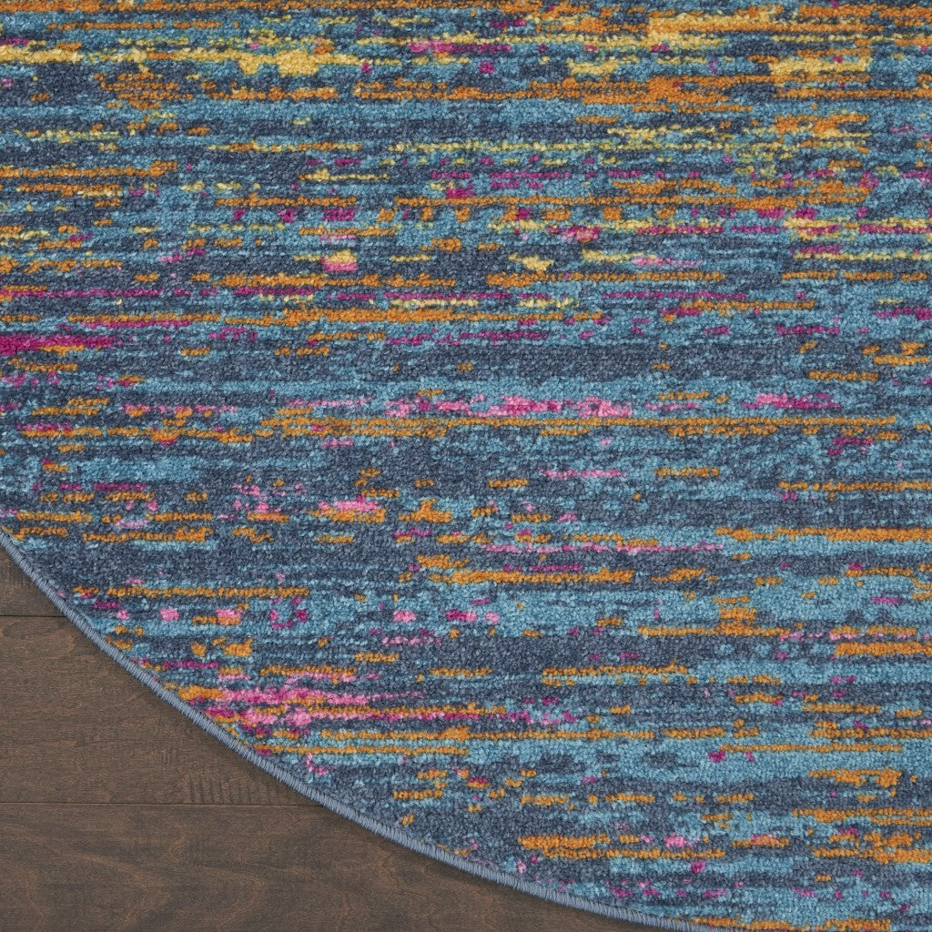 4' Blue And Orange Round Abstract Power Loom Area Rug