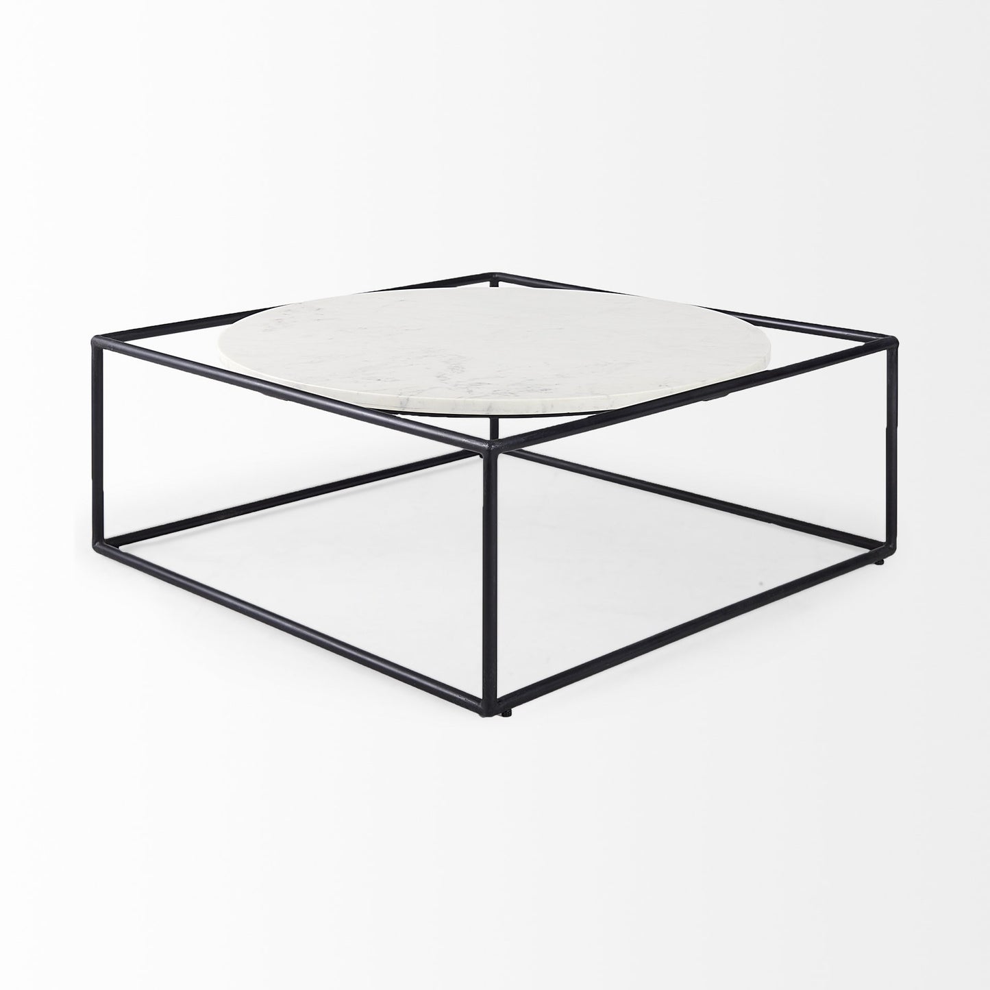 36" White And Black Genuine Marble And Metal Square Coffee Table