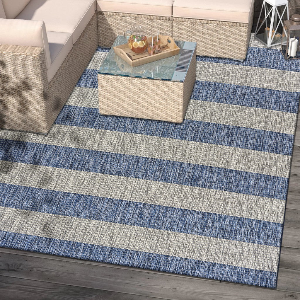 5' X 7' Blue And Gray Striped Indoor Outdoor Area Rug