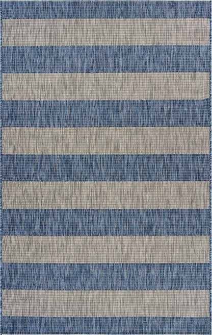 5' X 7' Blue And Gray Striped Indoor Outdoor Area Rug