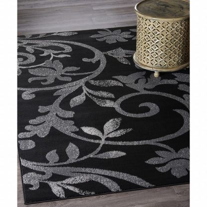 5' x 7' Black Gray and White Floral Vines Area Rug