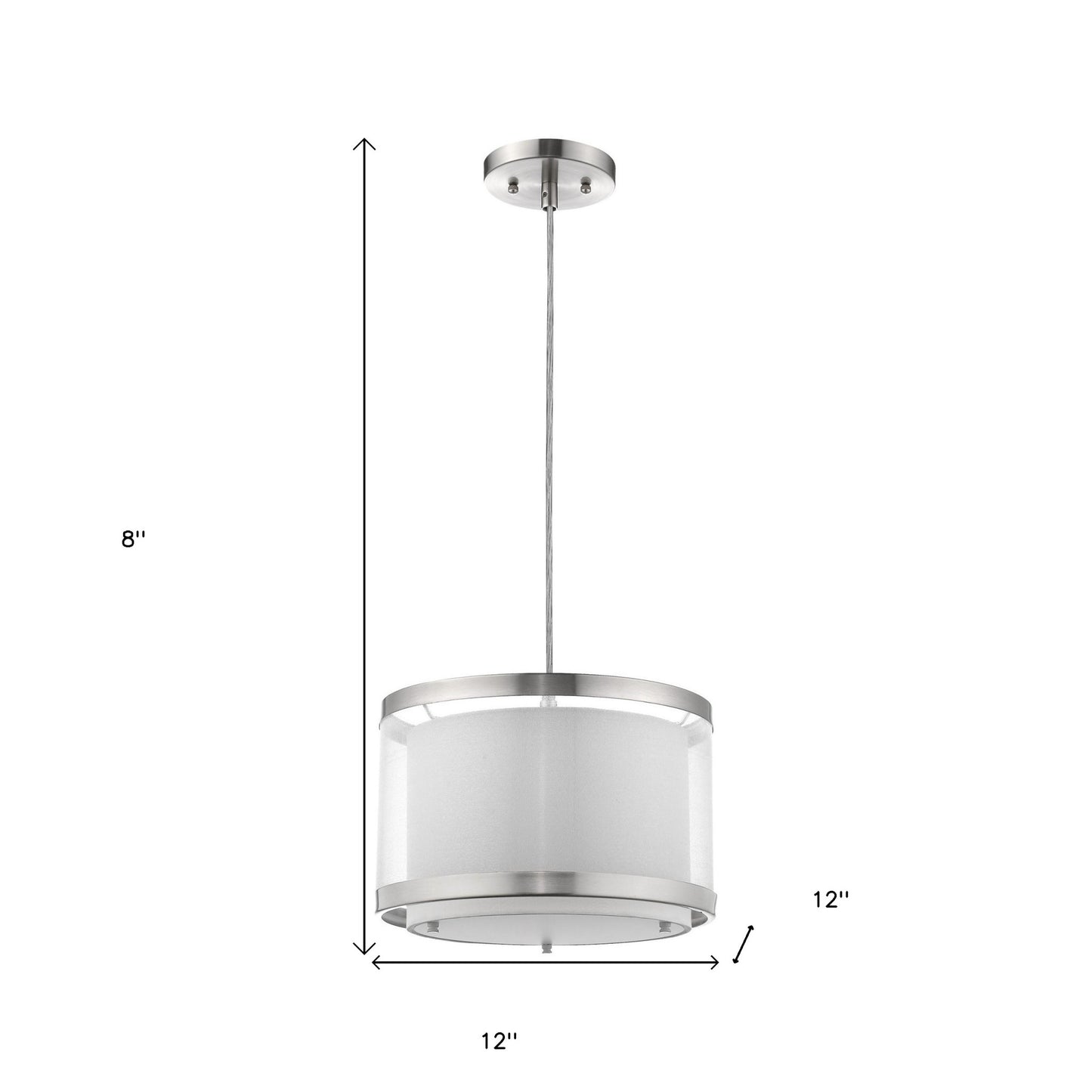 Lux 1-Light Brushed Nickel Pendant With Metal Trimmed Sheer Snow Shantung Two Tier Shade