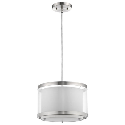 Lux 1-Light Brushed Nickel Pendant With Metal Trimmed Sheer Snow Shantung Two Tier Shade