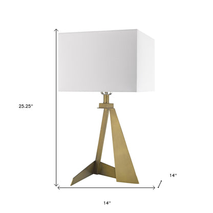 25" Brass Metal Table Lamp With White Rectangular Shade