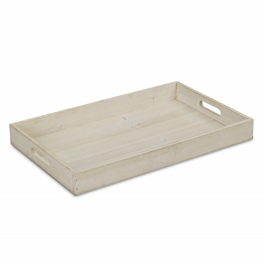 20" White Wash Wood Tray With Handles