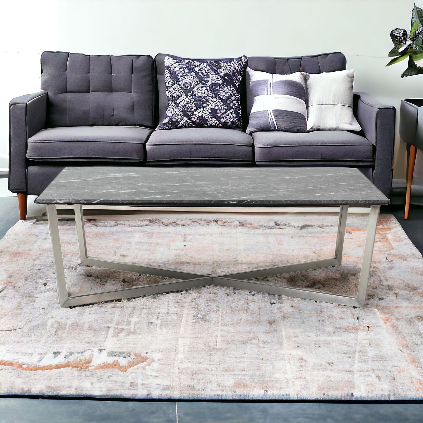 47" Black And Silver Faux Marble Rectangular Coffee Table