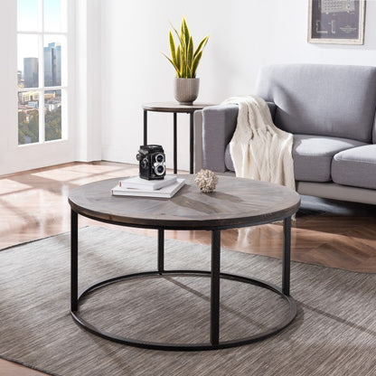 36" Natural And Brown Reclaimed Wood And Metal Round Coffee Table