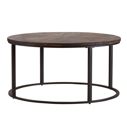 36" Natural And Brown Reclaimed Wood And Metal Round Coffee Table