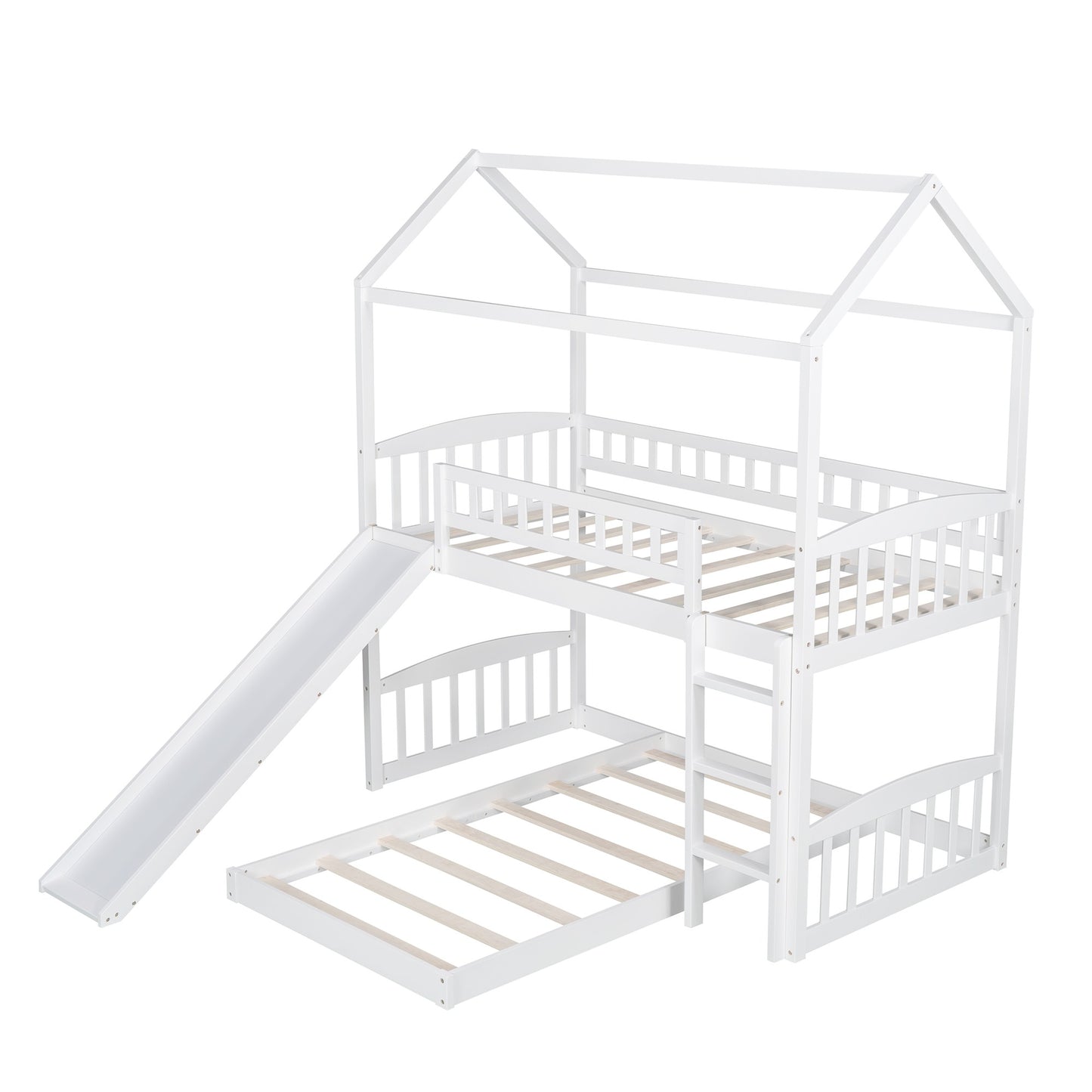 White Playhouse Frame Full Over Full Perpendicular Bunk Bed with Slide