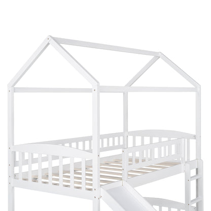 White Playhouse Frame Full Over Full Perpendicular Bunk Bed with Slide