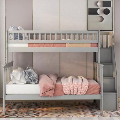 Gray Twin Over Full Farmhouse Style Bunk Bed with Staircase