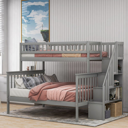 Gray Twin Over Full Farmhouse Style Bunk Bed with Staircase