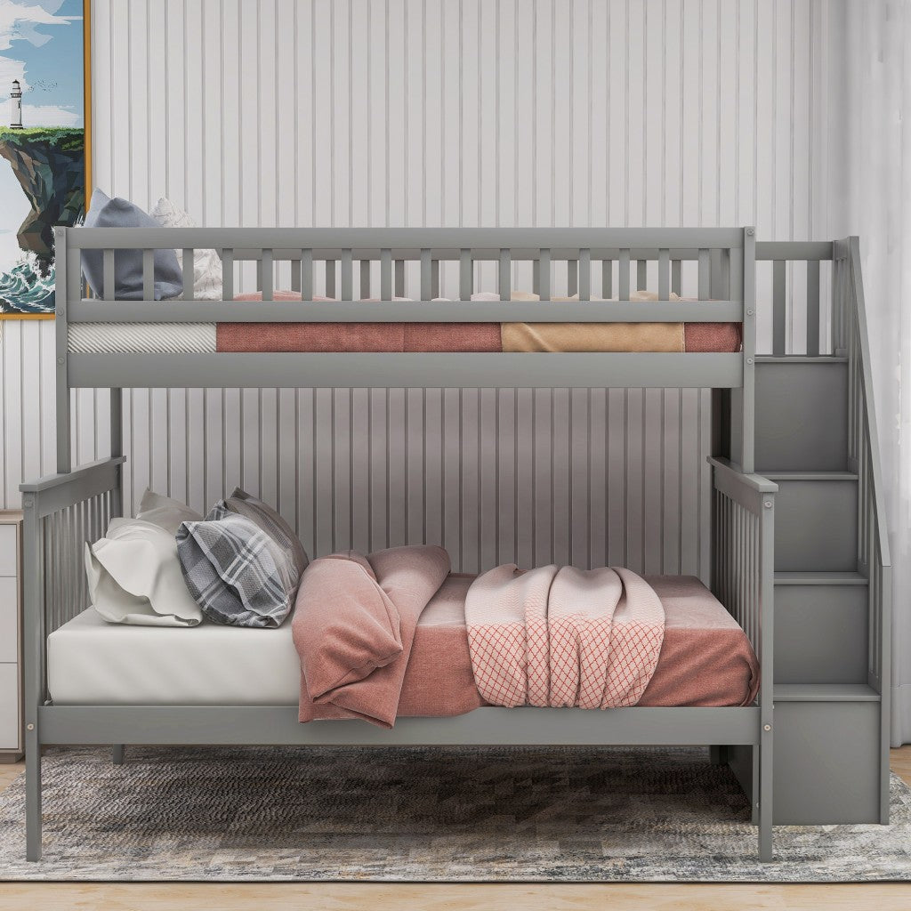 Gray Twin Over Full Farmhouse Style Bunk Bed with Staircase