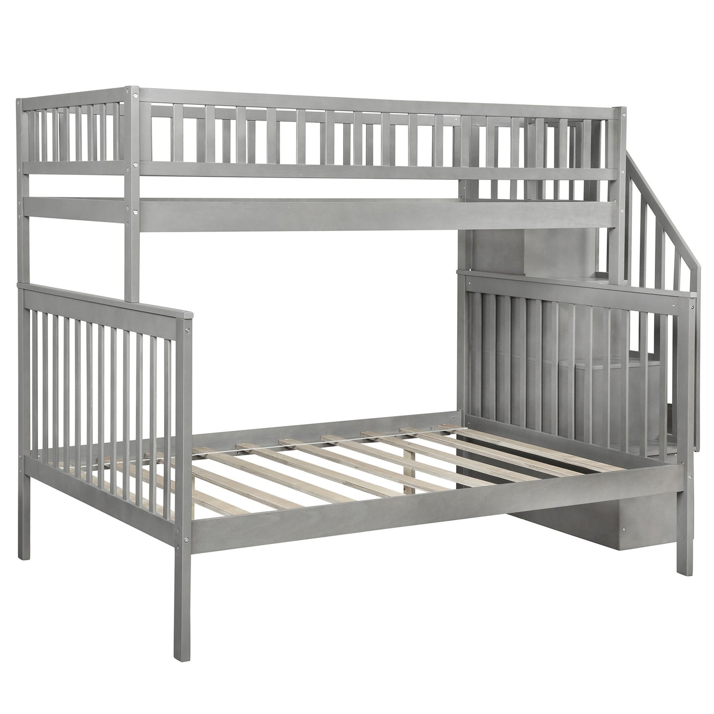 Gray Twin Over Full Farmhouse Style Bunk Bed with Staircase