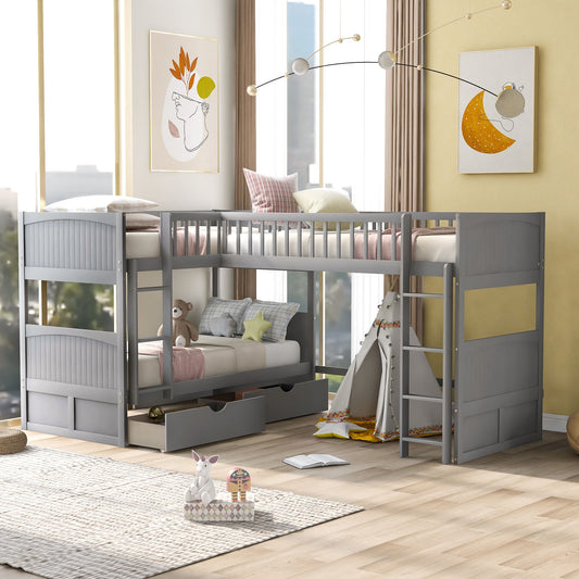 Gray Twin Size Bunk Bed with attached Loft Bed and Drawers