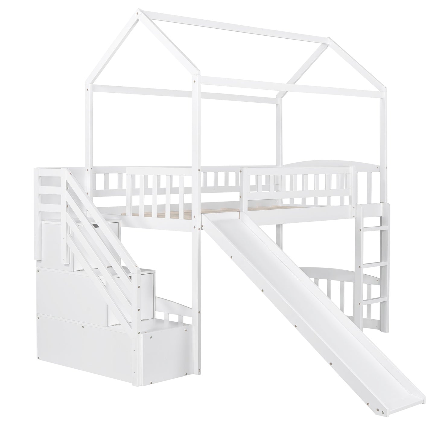 White Twin Size Playhouse Loft Bed With Drawers and Slide