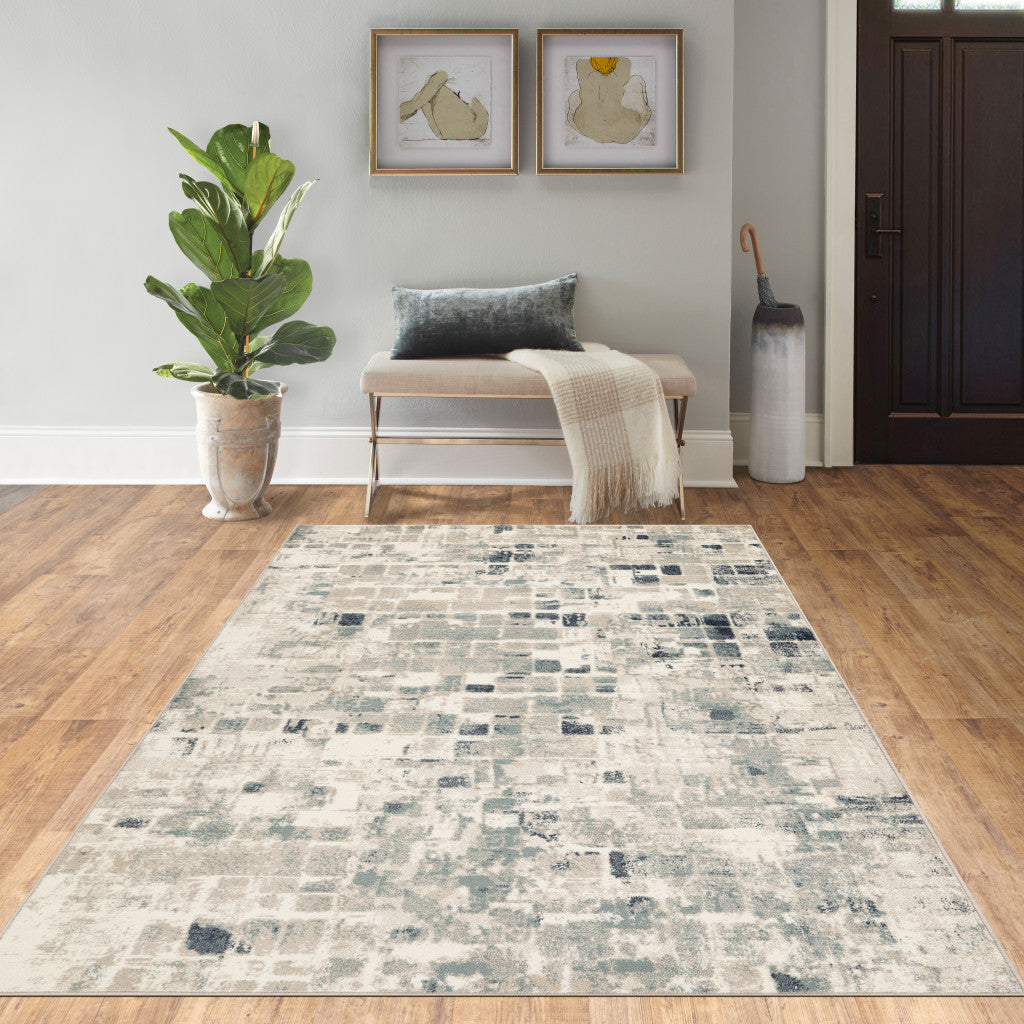 5' X 8' Blue And Beige Abstract Dhurrie Area Rug