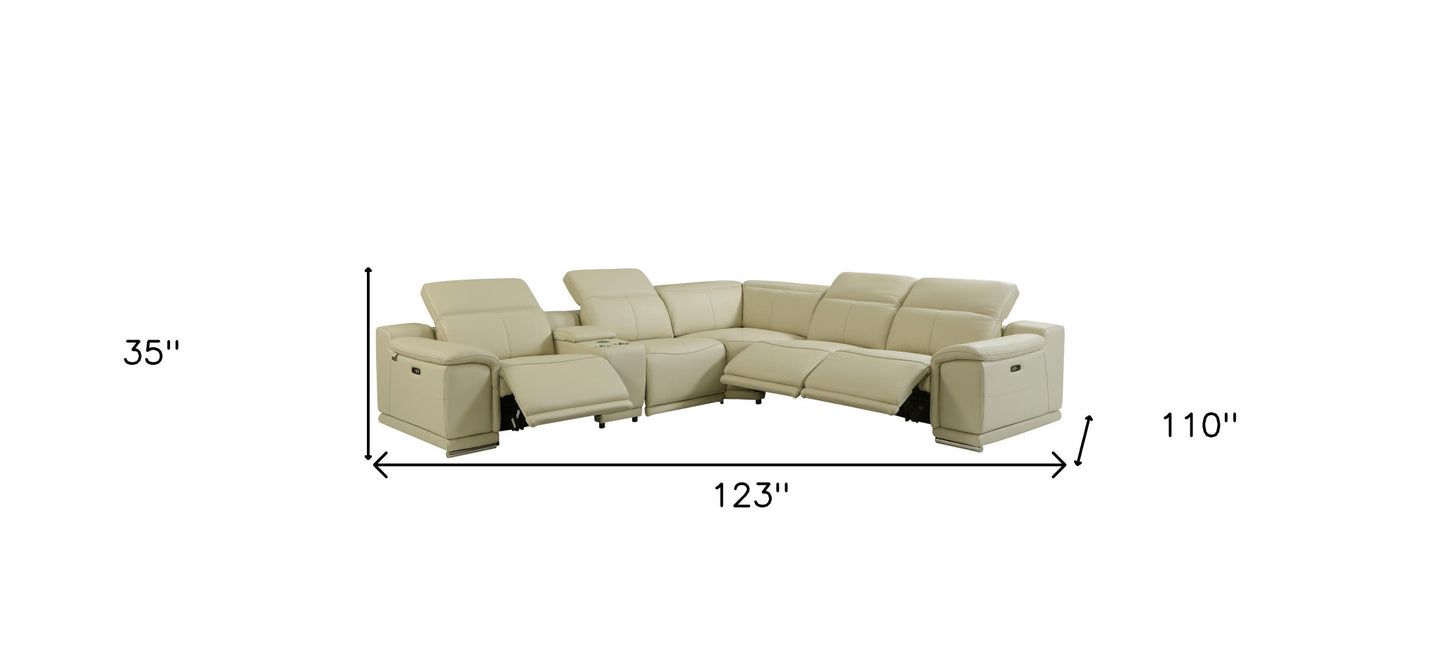 Beige Italian Leather Power Reclining U Shaped Six Piece Corner Sectional With Console