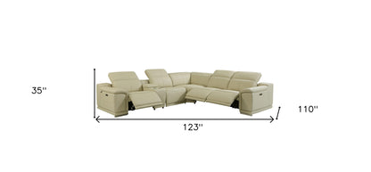 Beige Italian Leather Power Reclining U Shaped Six Piece Corner Sectional With Console