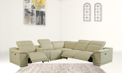 Beige Italian Leather Power Reclining U Shaped Six Piece Corner Sectional With Console