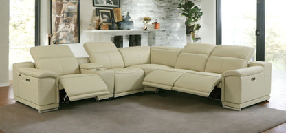 Beige Italian Leather Power Reclining U Shaped Six Piece Corner Sectional With Console