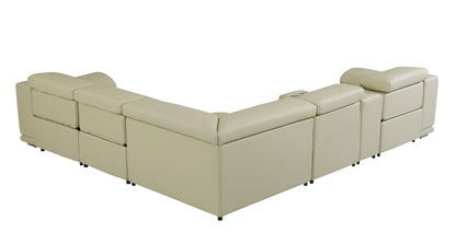 Beige Italian Leather Power Reclining U Shaped Six Piece Corner Sectional With Console