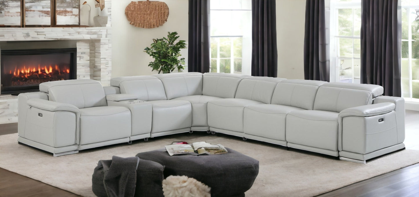 Light Gray Italian Leather Power Reclining U Shaped Seven Piece Corner Sectional With Console