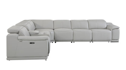 Light Gray Italian Leather Power Reclining U Shaped Seven Piece Corner Sectional With Console