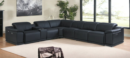 Black Italian Leather Power Reclining U Shaped Seven Piece Corner Sectional With Console