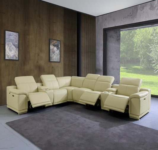 Beige Italian Leather Power Reclining U Shaped Eight Piece Corner Sectional With Console