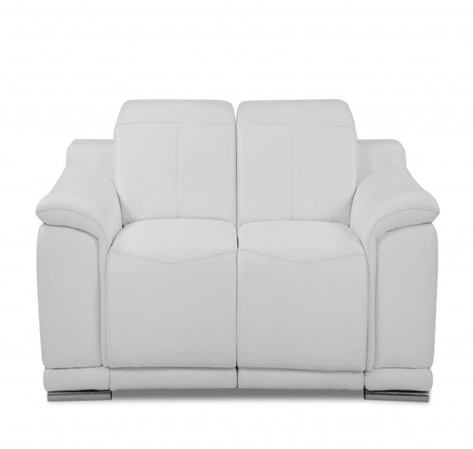 72" White And Silver Italian Leather Power Reclining Love Seat