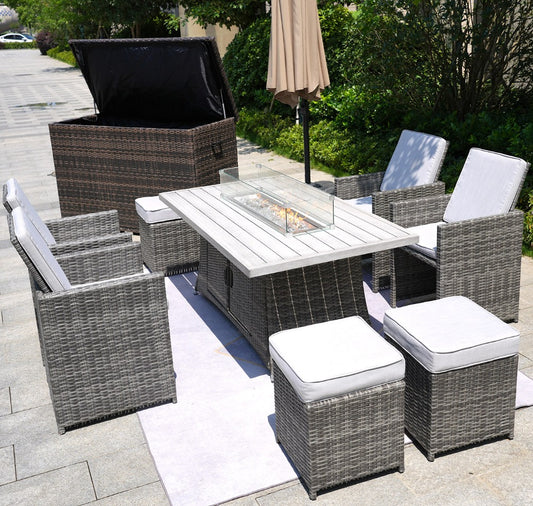 Ten Piece Outdoor Gray Wicker Patio Set W/Fire Pit Included