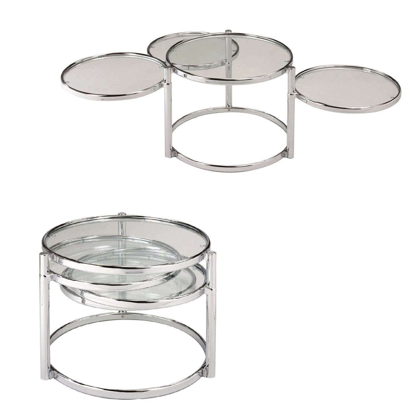 60" Chrome And Clear Glass Round Nested Coffee Tables With Three Shelves