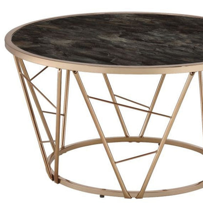 33" Gold Steel And Faux Black Marble Round Top Coffee Table