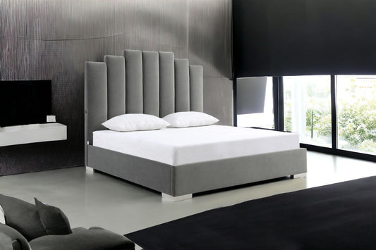 Queen Grey Upholstered Vertical Channel Velvet Bed with USB