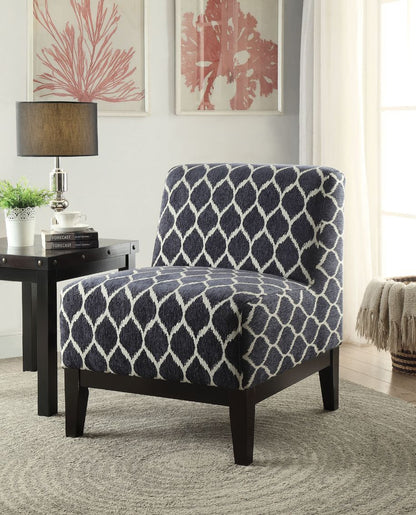 28" Dark Blue Chenille And Black Trellis Slipper Chair