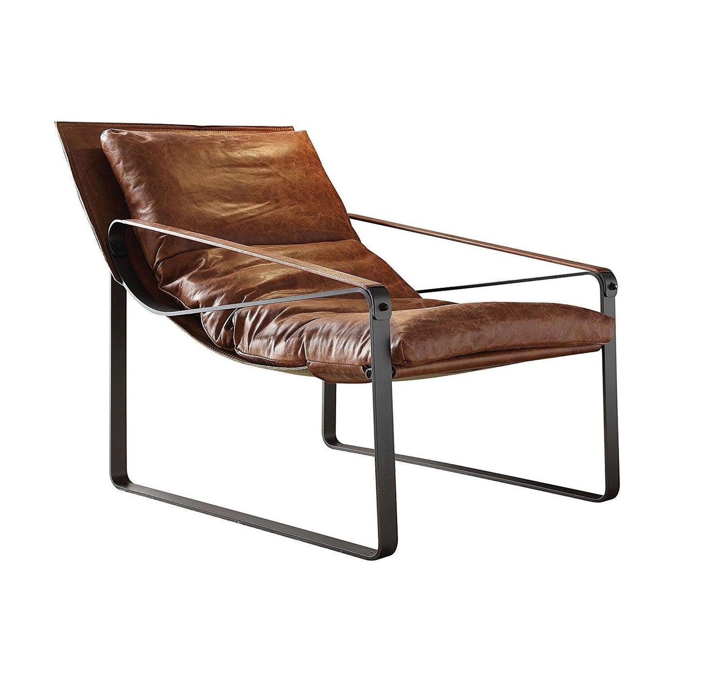 27" Brown Top Grain Leather And Steel Lounge Chair