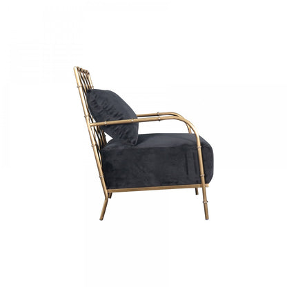 25" Black Velvet And Gold Solid Color Arm Chair