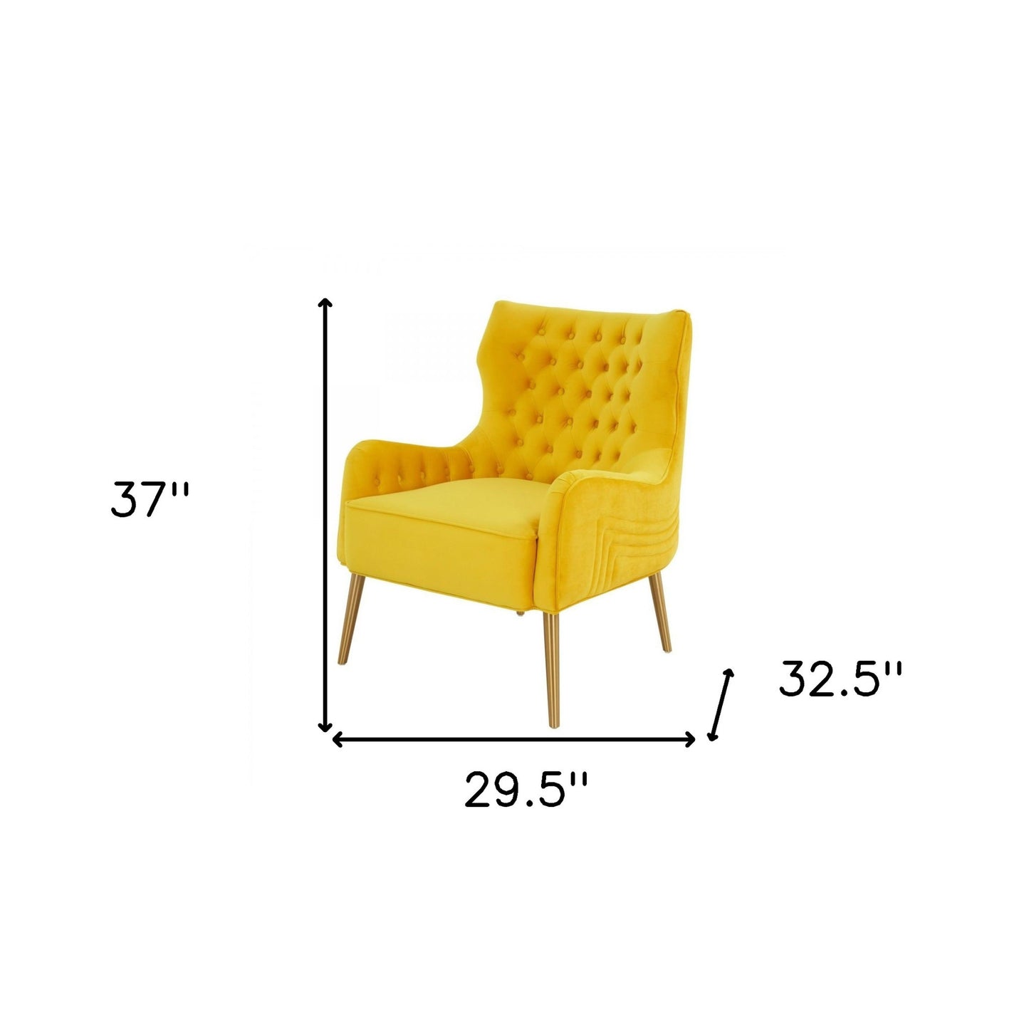 30" Yellow Velvet And Gold Solid Color Arm Chair