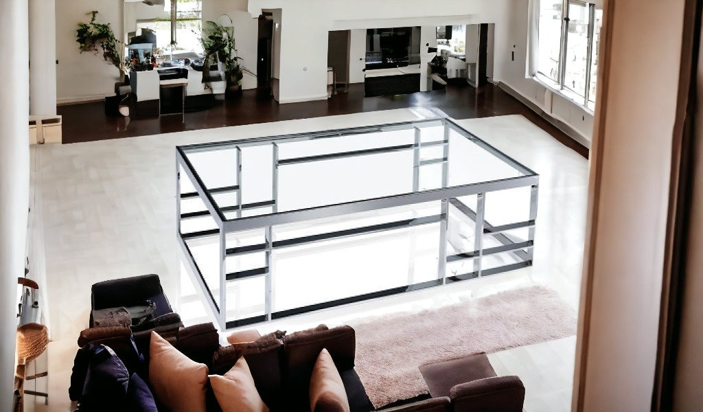 47" Silver And Clear Glass Rectangular Coffee Table