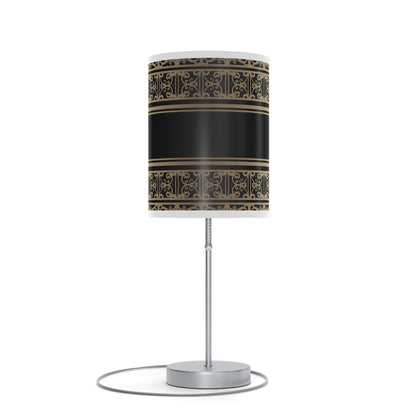 20" Silver Table Lamp With Black And Gold Striped Scroll Cylinder Shade